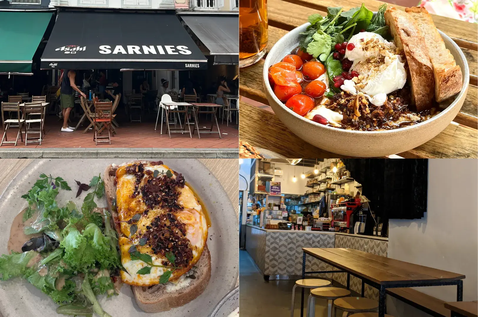Sarnies cafe exterior with black awning and outdoor seating, breakfast bowl with poached egg and greens, avocado toast with side salad, and minimalist interior with wooden tables.