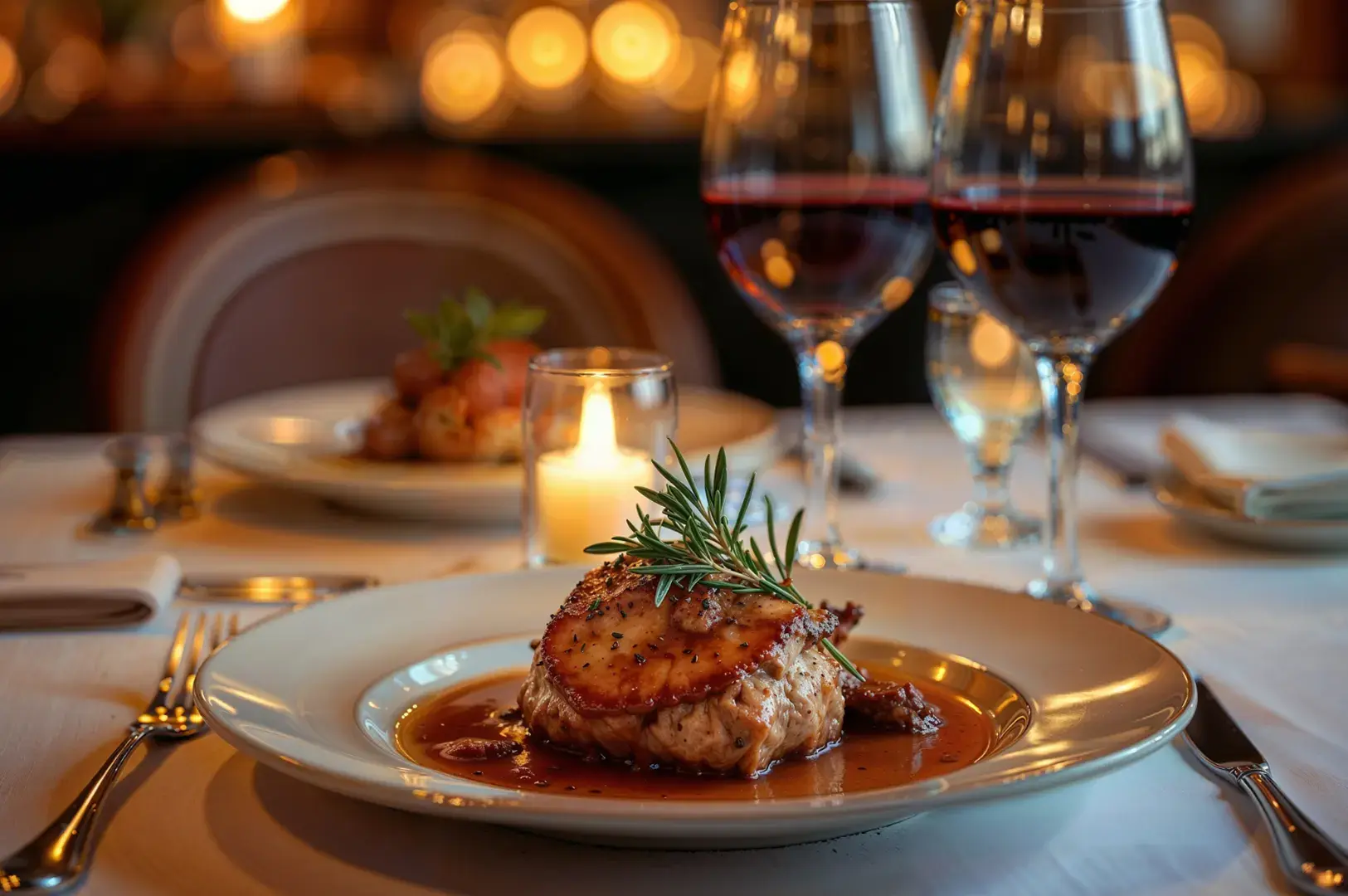 A gourmet meal is served on a white plate with a sprig of rosemary and a rich sauce, accompanied by two glasses of red wine and a lit candle on a table set for dinner.