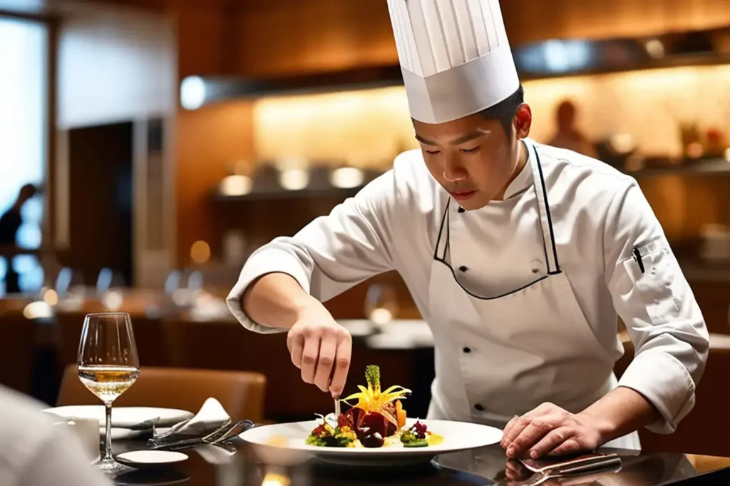 A chef in a white uniform and tall hat meticulously arranges a dish with colorful garnishes on a white plate in a restaurant setting.