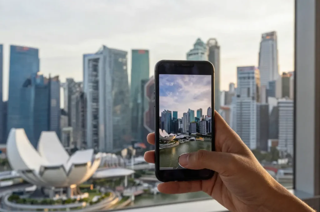 A hand holding a smartphone in front of Singapore’s skyline, with Marina Bay visible in the background.