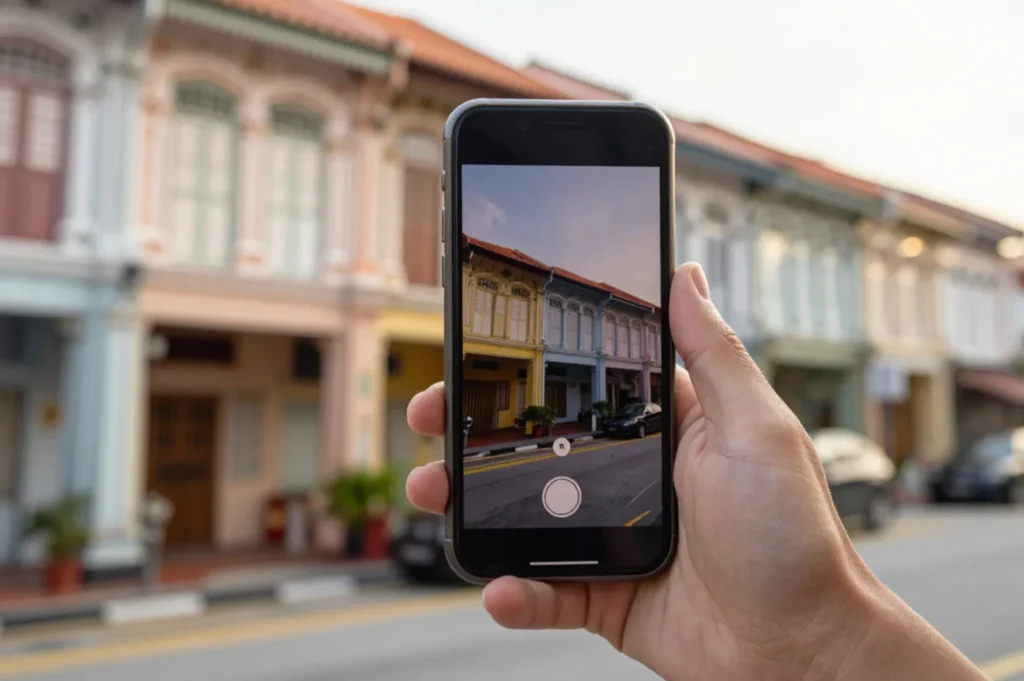 Hand holding phone photographing Singapore street.