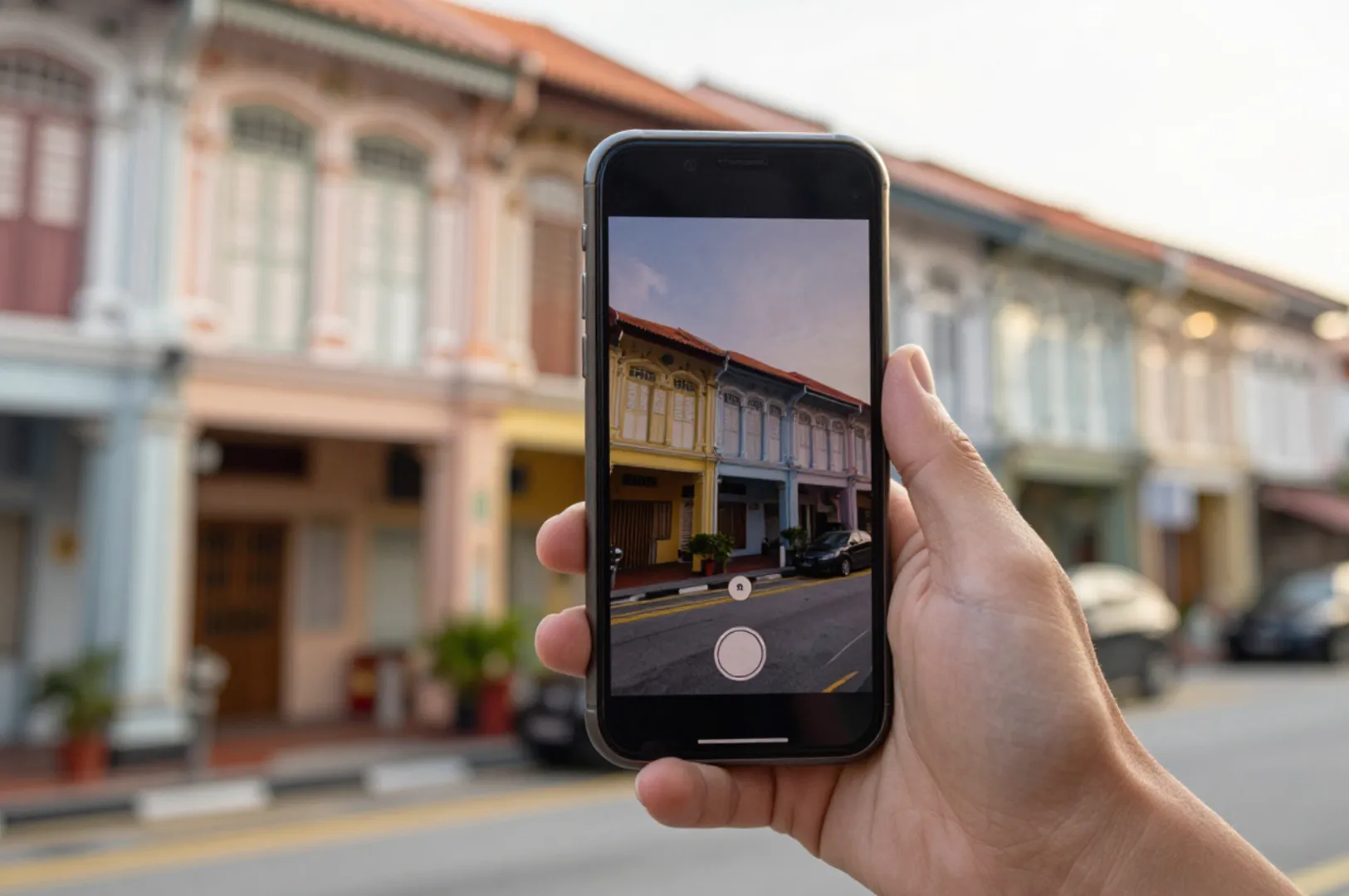 Hand holding phone photographing Singapore street.