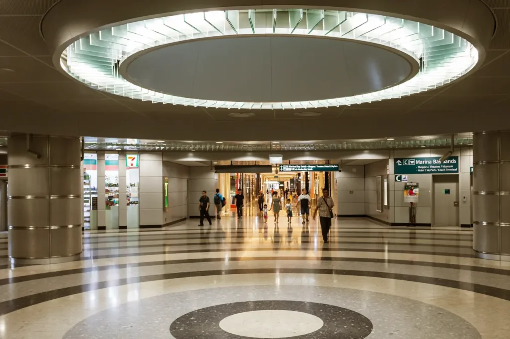 A spacious underground transit hallway with polished floors, a large circular ceiling light, pillars, and people walking toward distant signs and ticket gates.