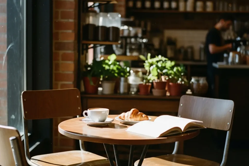 Sunlit café table by a window with two wooden chairs, a cup of coffee, a pastry, and an open book, while a bartender works in the softly blurred background behind the bar.