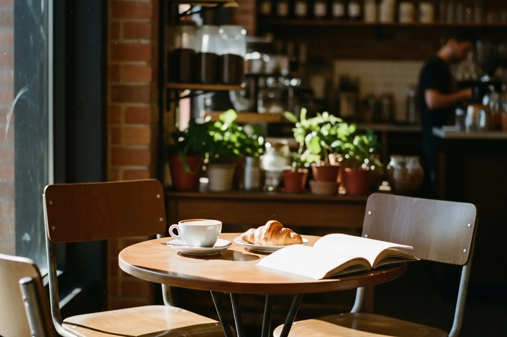 Sunlit café table by a window with two wooden chairs, a cup of coffee, a pastry, and an open book, while a bartender works in the softly blurred background behind the bar.
