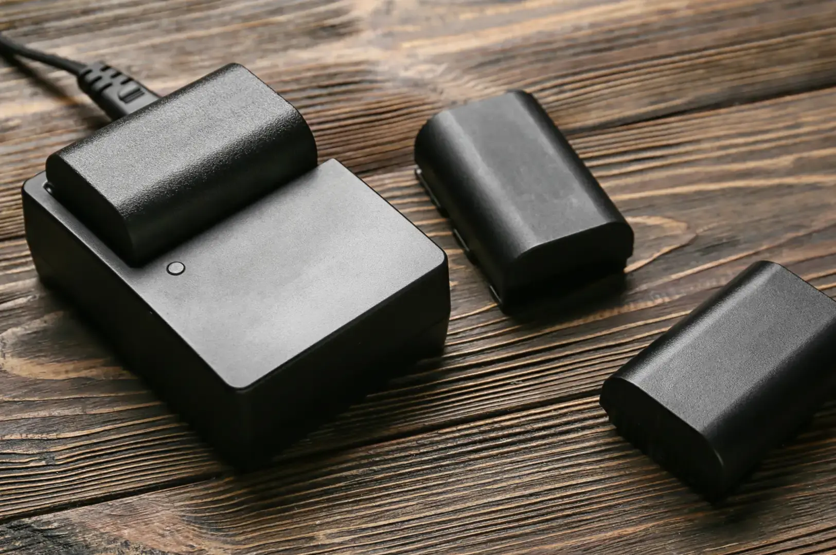 Black rectangular adapter and USB cable on a wooden table, with two matching black connector blocks nearby.