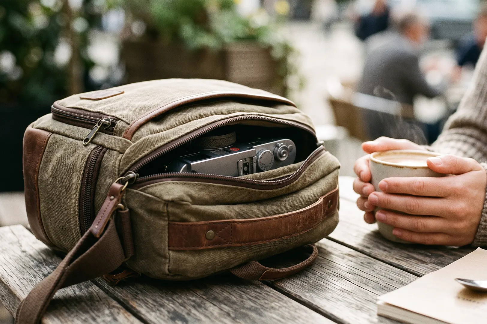 Vintage green canvas camera bag with brown leather trim sitting on an outdoor wooden café table next to a rangefinder camera and a steaming cup of coffee.