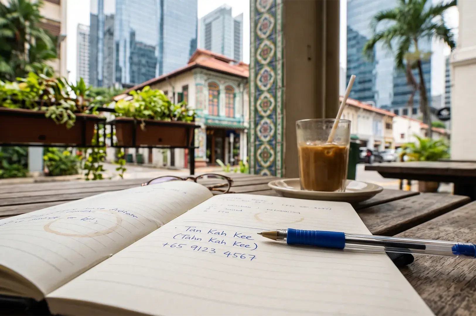 Open handwritten notebook and iced coffee on a wooden table at an outdoor cafe with city view.