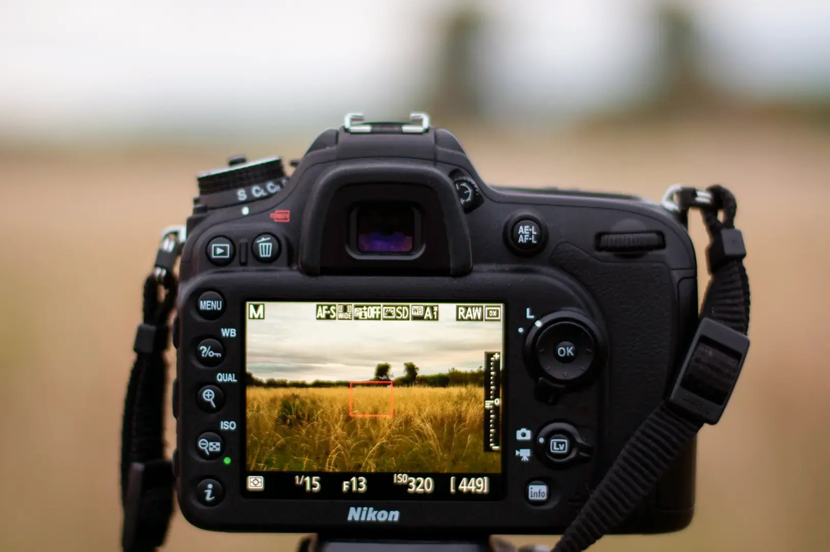 Close-up of a black DSLR camera held on a strap, showing a live view of a field through its screen.