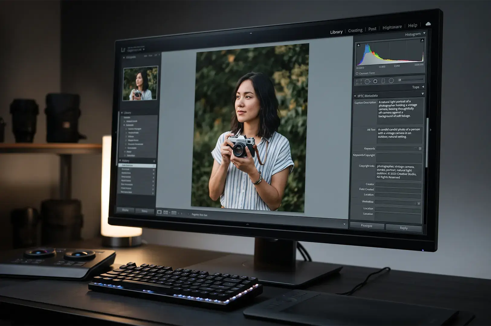 Computer monitor displaying photo editing software with metadata panel and portrait image.