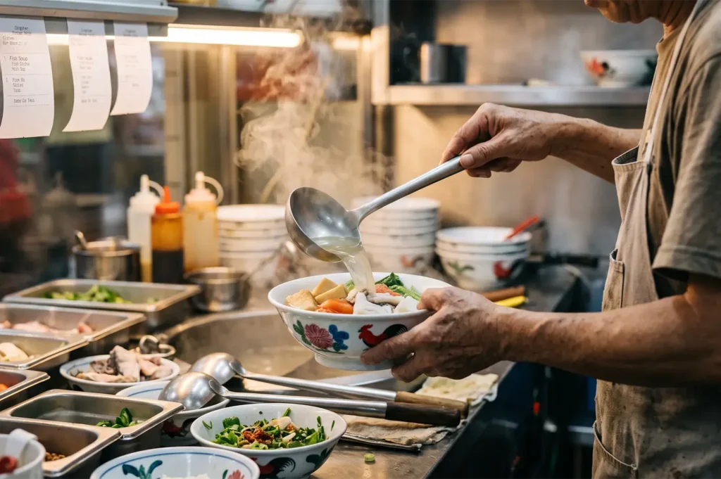 Chef ladling hot broth into a traditional noodle soup bowl in a commercial kitchen.